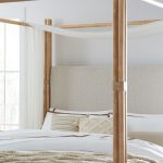 Retreat Pole Rattan King Upholstered Poster Bed withCanopy