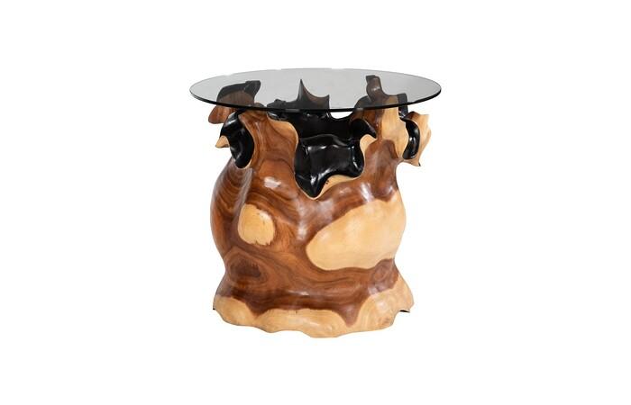 Suar Wood Side Table, With Glass Top, Black Finish