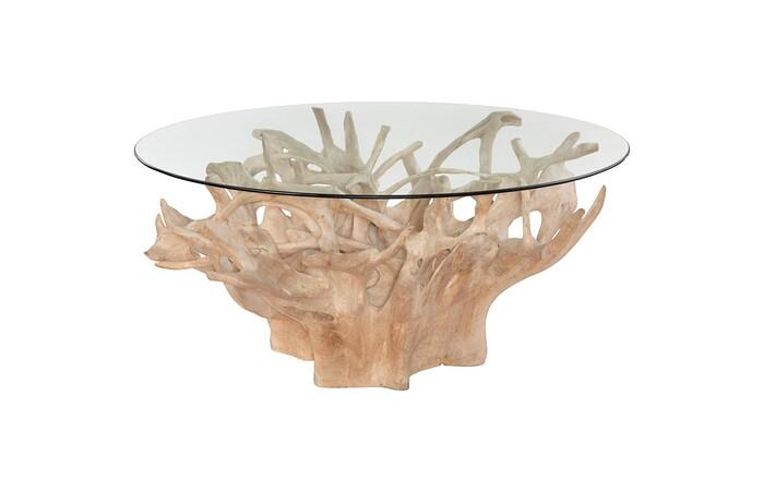 Teak Root Dining Table, Bleached, 63 Dia” Glass Top