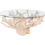 Teak Root Dining Table, Bleached, 63 Dia” Glass Top