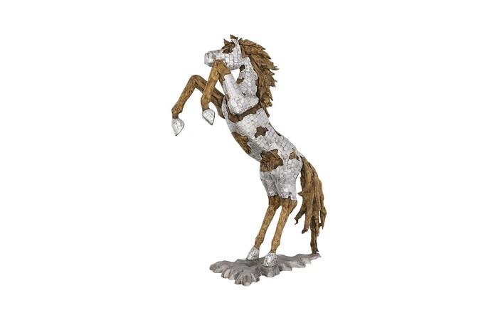 Mustang Horse Armored Sculpture, Rearing, Wood Base