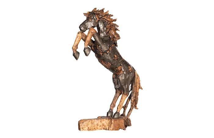 Mustang Horse Armored  Sculpture, Rearing, Natural Bronze Finish