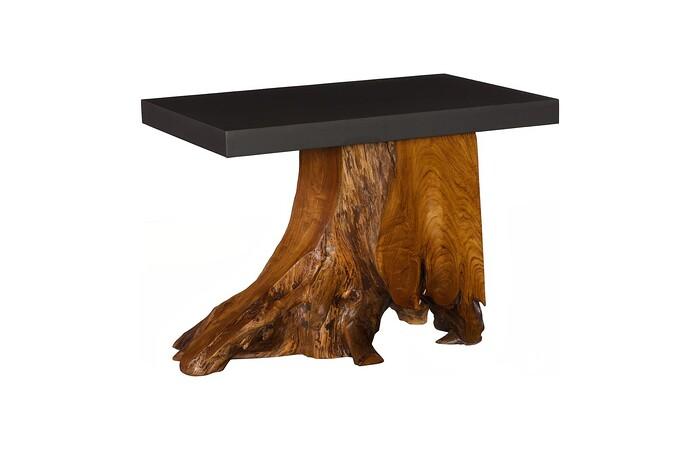 Plinth Side Table, Teak Root with, Iron Top