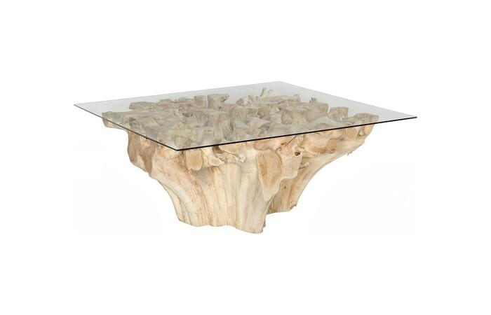 Teak Root Dining Table Base, Bleached, With 72" Glass Top